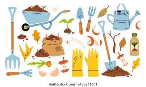 Set of cartoon flat icons. Organic composting theme. Garden tools, bag of compost, ground, food garbage. Illustration of bio, organic fertilizer, compost, agronomy. Colored vector isolated design