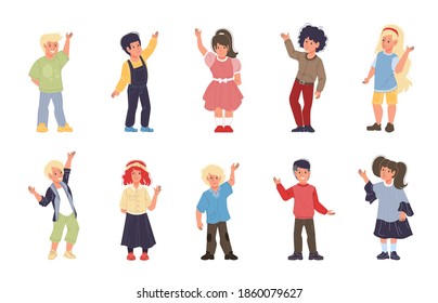 Juego de dibujos animados personajes de los niños llanos felices saludos - poses diversas, concepto de comunicación social
