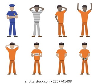 set of cartoon flat male characters prisoners, prison, bandits, jailers, policemen.African Americans and Europeans.flat cartoon graphics