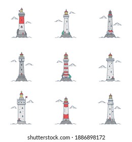 Set of cartoon flat minimalism lighthouses. Vector illustration