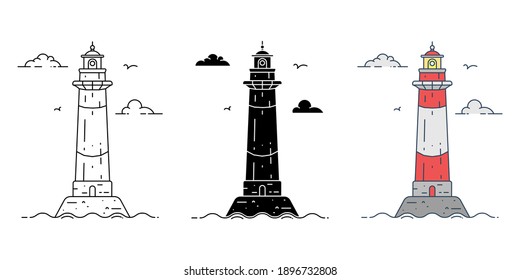Set of cartoon flat minimalism lighthouses in three variations. Vector illustration