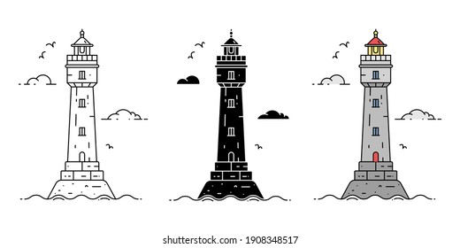 Set of cartoon flat minimalism lighthouses in three variations. Vector illustration