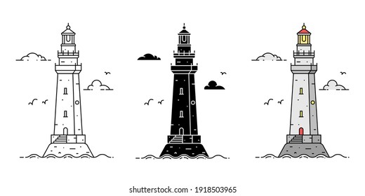 Set of cartoon flat minimalism lighthouses in three variations. Vector illustration