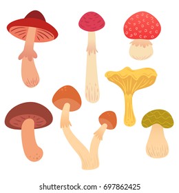 Set of cartoon flat mushrooms isolated on white background.