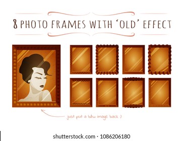 Set of cartoon flat photo frames with old effect - texture - and glare on the glass. Example of using with beautiful young woman, retro hairstyle.