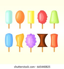 A set of cartoon flat rectangular ice cream icons on a stick of different types and colors. 