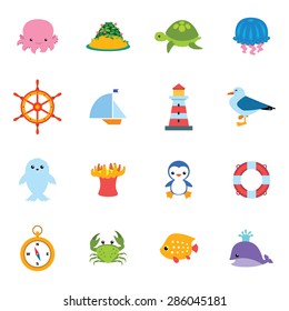 Set of cartoon flat sea icons. Vector illustration.