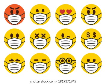 Set of cartoon flat style face mask Emoticons. Emoji icon collection. Vector illustration image. Isolated on white background. Stop coronavirus covid19.
