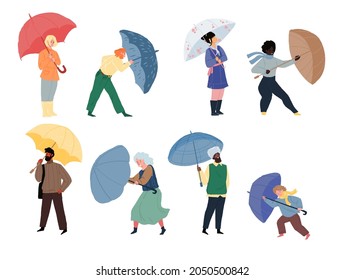 Set of cartoon flat vector characters of different age and races holding umbrellas isolated on empty background,various poses,actions and emotions.Daily life scenes concept,web site banner ad design