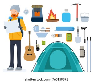 Set of cartoon flat vector icons. Tourism, tent, climbing, mountaineering, overnight, adventure. Climbing, trekking sports.