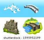 Set of cartoon flat volume bridges and wall
