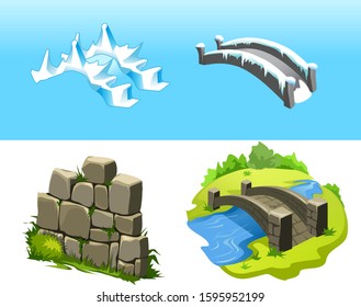 Set of cartoon flat volume bridges and wall