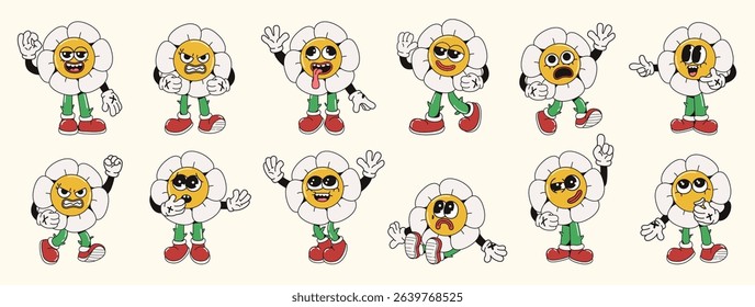 Set of cartoon flower characters showing different facial expressions and poses, drawn in retro style on light background. Concept of emotion. Vector illustration