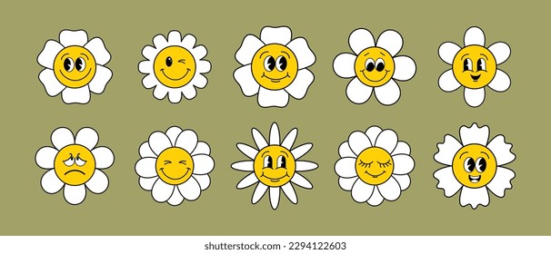 Set of cartoon flowers with different faces. Set of cute funky hippie flowers. Icons in cartoon style, vector