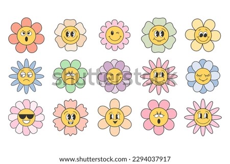 Set of cartoon flowers with different faces. Set of cute funky hippie flowers. Retro 70s atmosphere, psychedelic groove elements. Icons in cartoon style, vector