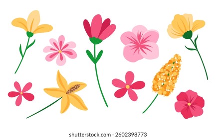 Set of cartoon flowers. Ideal for spring, floral, or botanical designs. Vector collection. 