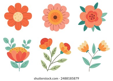 Set of cartoon flowers on a white background. Flat style illustration.