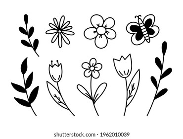 Set of сute cartoon flowers, twigs and butterfly isolated on white background. Vector hand-drawn illustration in doodle style. Spring design elements. Suitable for cards, decorations.