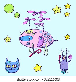 set with cartoon flying creature, costume child, cat, stars and moons