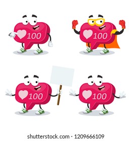 set of cartoon follower like Icon of social media notification, 100 likes character mascot on white background