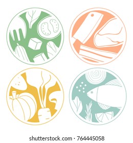 Set of cartoon food badges. Round stylized cooking illustrations. Salad, soup, meat and fish stickers