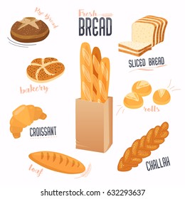 Set of cartoon food: bread, bread, buns, croissant, loaf. Vector illustration, isolated on white.