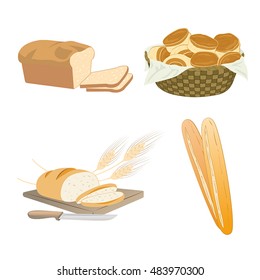 Set of cartoon food, bread - wheat, whole grain, buns in basket, sliced, french baguette, Vector illustration, isolated on white.