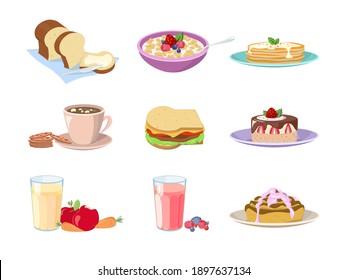 Set of cartoon food breakfast. Cafe or home food menu for traditional morning breakfasting icon isolated on white