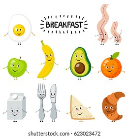Set of cartoon food: breakfast. Funny comic eggs and bacon,sandwich,croissant,fruits,milk, apple, banana, avocado, orange, fork, spoon.Vector illustration isolated on white.