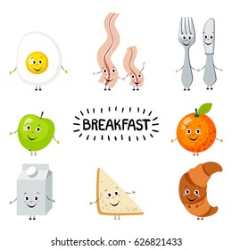 Set of cartoon food: breakfast. Funny comic eggs and bacon,sandwich,croissant,milk, apple, orange, fork, spoon.Vector illustration isolated on white.