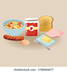 Set of cartoon food: breakfast. Toaster/jam/peanut butter/egg and bacon/cornflakes. Vector illustration