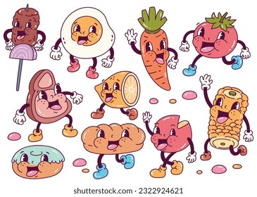 Set of cartoon food character in retro style illustration