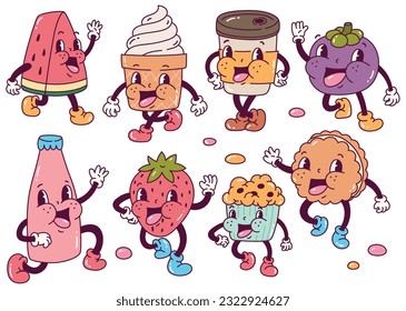 Set of cartoon food character in retro style illustration