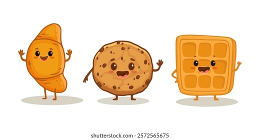 set of cartoon food characters isolated on white. Viennese waffle croissant and cookie in flat style. Vector illustration