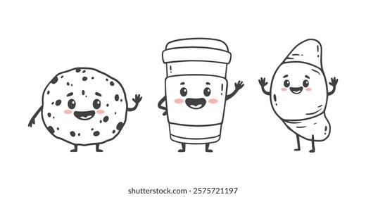 set of cartoon food characters isolated on white. Cup of coffee croissant and cookie in doodle style. Vector illustration
