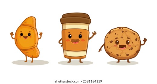 set of cartoon food characters isolated on white. Cup of coffee, croissant and cookie in flat style. Vector illustration
