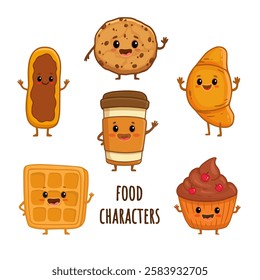 set of cartoon food characters isolated on white. Cup of coffee, Viennese waffle , cupcake, croissant and cookie, eclair in flat style. Vector illustration