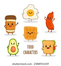 set of cartoon food characters isolated on white. Cup of coffee, fried egg, Viennese waffle, avocado, sausage and sandwich  in flat style. Vector illustration