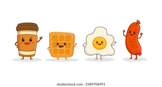 set of cartoon food characters isolated on white. Cup of coffee, fried egg, Viennese waffle and sausage in flat style. Breakfast food. Vector illustration