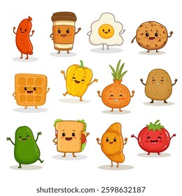 set of cartoon food characters isolated on white. Cup of coffee, fried egg, Viennese waffle, avocado, sausage, vegetables and sandwich in flat style. Vector illustration
