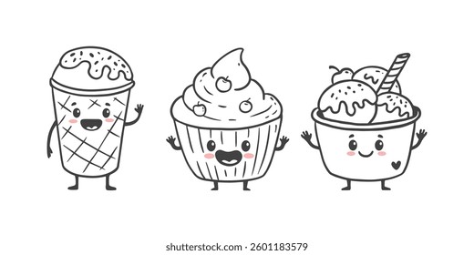 set of cartoon food characters isolated on white. Ice cream cup, cupcake, ice cream in doodle style. Vector illustration