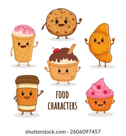 set of cartoon food characters isolated on white. Ice cream, cup of coffee, cupcake, croissant and cookie in flat style. Vector illustration


