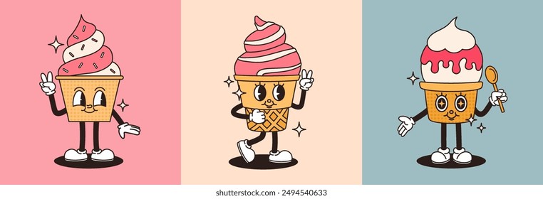 Set of cartoon food characters in retro style. Ice cream, cupcake, sweets. Flat vector illustration.