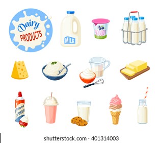 Set of cartoon food: dairy products - milk, yogurt, cheese, butter, milkshake, ice cream, whipped cream and so. Vector illustration, isolated on white.