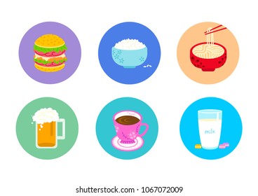 Set of cartoon food and drink stickers. Vector illustration