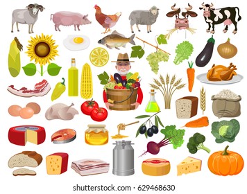 Set of cartoon food and farm animals. Vector illustration