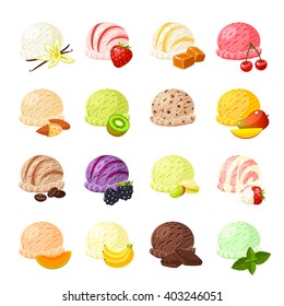 Set of cartoon food: ice cream with different flavours - vanilla, strawberry, caramel, cherry, banana, kiwi, mango, coffee, blackberry, chocolate and so. Vector illustration, isolated on white.