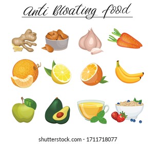 Set of cartoon food icons. Anti bloating food. Ginger, almond, garlic, carrot, green apple, lemon, orange, banana, melon, avocado, green tea, oatmeal and berry.