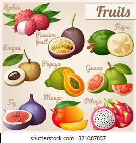 Set of cartoon food icons. Exotic fruits. Lychee (litchi), passion fruit, feijoa, longan, papaya (pawpaw), guava, fig, mango, pitaya (dragon fruit)