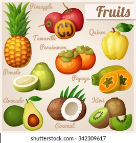 Set of cartoon food icons. Exotic fruits. Pineapple (ananas), tamarillo, quince, persimmon, papaya (pawpaw), pomelo, avocado, coconut, kiwi